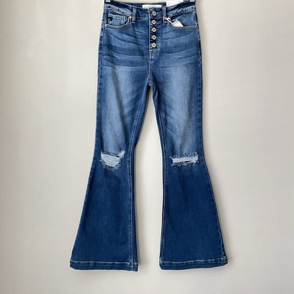 KanCan Peyton Jeans Boho Button Fly Flare Leg Busted Knees Blue 26P - Picture 10 of 11